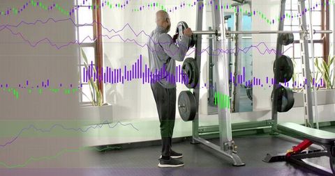 Adjusting man lifting loaded barbell on smith machine with fitness data waveform overlays