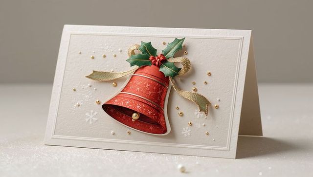 Elegant embossed red bell holiday card with holly and gold ribbon - minimalist festive greeting