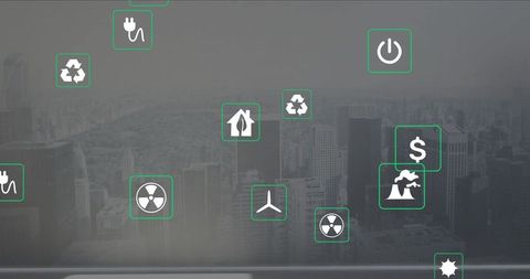 Sustainable Energy Icons Over Modern Urban Landscape