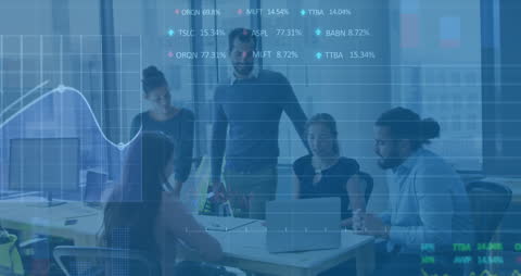 Diverse Team Analyzing Stock Market Data with Technology Overlay