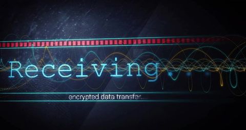 Neon Cyber HUD Display Showing Receiving Text with Waveform Traces and Red Signal Bar