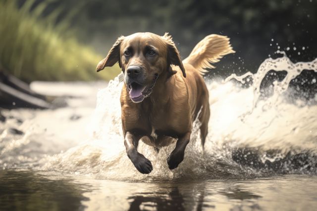 Brown labrador dog running in water over grass created using generative ai technology. Animals, pets and nature concept digitally generated image.