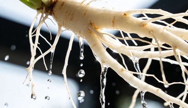 Macro close-up of dripping white taproot and lateral roots backlit in greenhouse, moisture