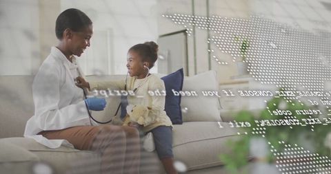 Pediatric exam at home encouraging child with teddy bear