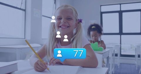 Smiling Girl in Classroom with Social Media Icons Overlay