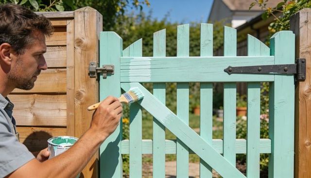 Homeowner painting teal picket gate in sunny backyard with brush and paint can