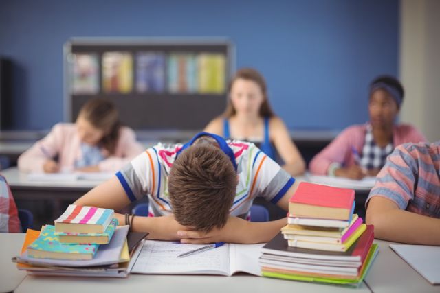 Schoolboy resting head on desk surrounded by books in classroom. Ideal for illustrating academic stress, student fatigue, and challenges in education. Useful for articles on school life, educational challenges, and student well-being.