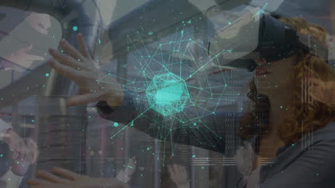 Businesswoman Engaging with Virtual Reality Interface and Data Visualizations