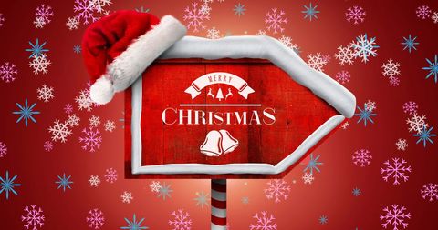 Festive Christmas Sign with Snowflakes and Santa Hat