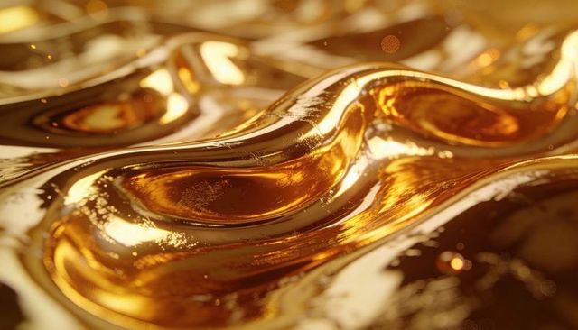 Shimmering molten gold liquid waves reflecting warm bokeh highlights and glossy ripples