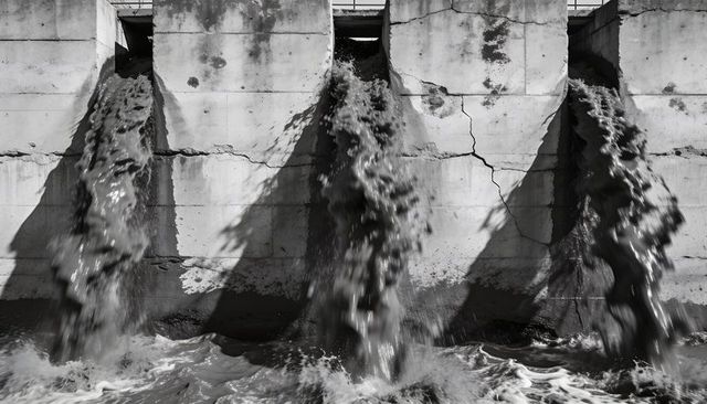 Monochrome industrial outflow: three turbulent water columns through cracked concrete