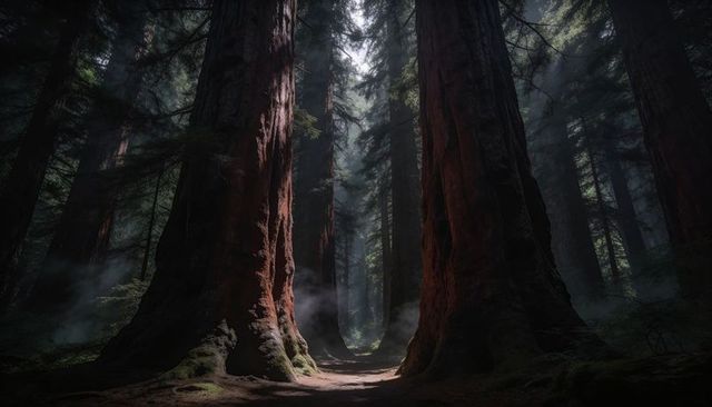 Framing giant sequoia trunks creating misty forest gateway along narrow woodland path