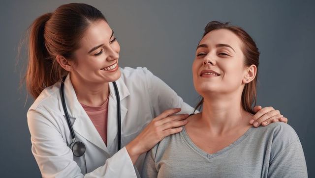 Smiling clinician placing hands on patient conveying empathy, trust, compassionate care