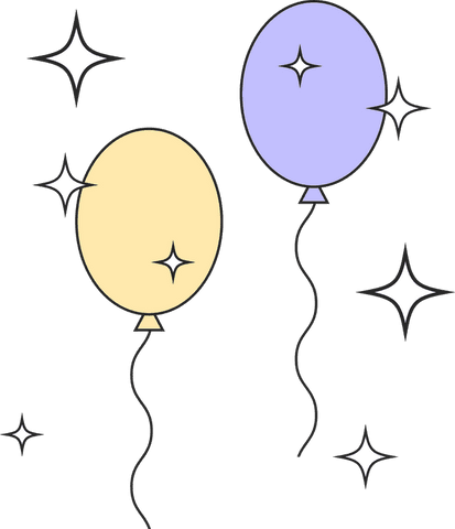 Colorful balloons and sparkling stars on transparent background