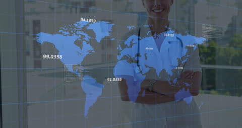 Global Healthcare Technology Interface with Smiling Doctor