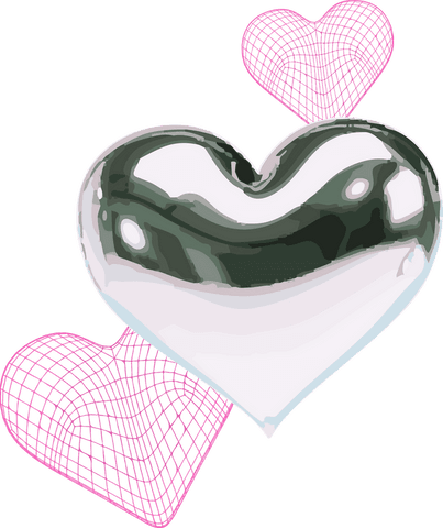 Floating silver and magenta wireframe hearts on transparent background