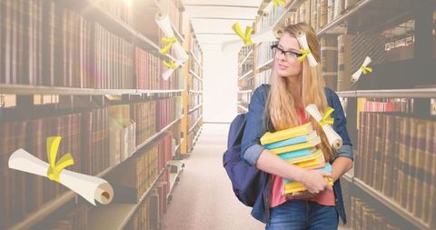 Female Student in Library Receiving Diplomas