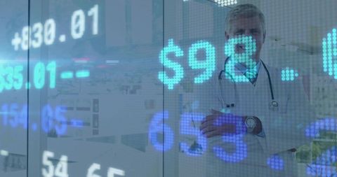 Doctor Reflected in Financial Ticker Displaying Digital Innovation