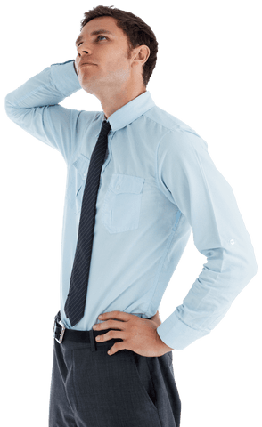 Thoughtful Businessman in Blue Shirt Looking Upward on Transparent Background