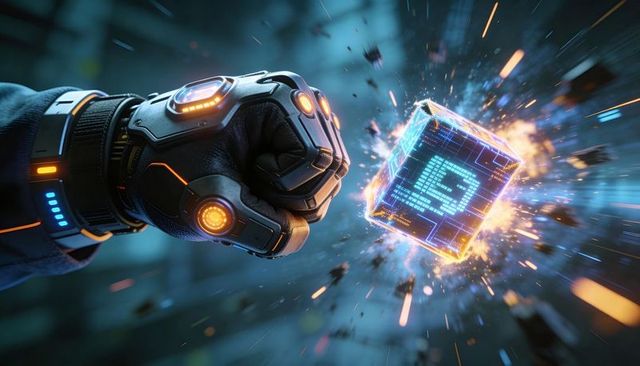 Cybernetic gauntlet punching holographic data cube with neon sparks and circuitry