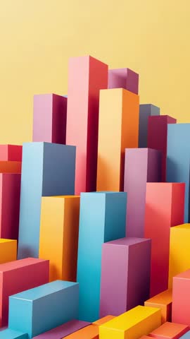 Pulling back camera revealing pastel block skyline in vertical studio video with parallax motion