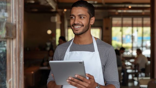 Smiling cafe server holding tablet by restaurant entrance