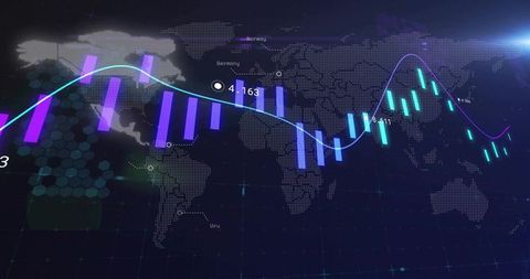 Global financial dashboard showing neon candlestick and bar charts over dotted world map