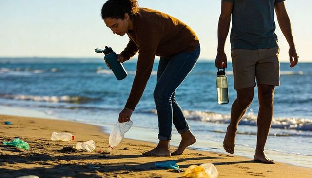 Volunteers collecting single-use plastic bottles on beach during golden hour cleanup