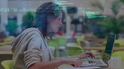 Young Woman on Laptop with Digital Interface and Data Processing Overlays