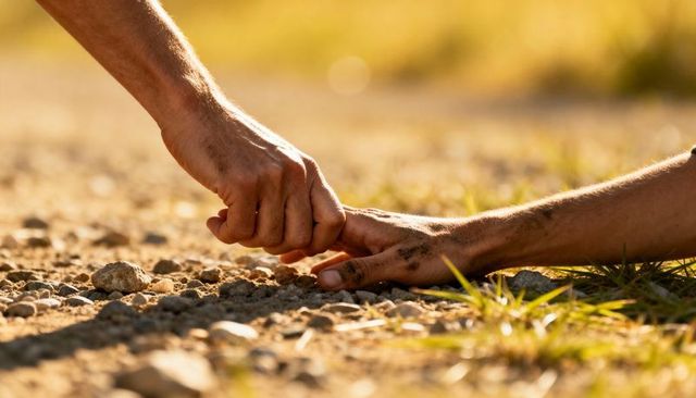 Helping hand pulling injured person from dusty ground during golden-hour rescue