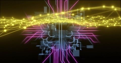 Pulsing neon core with magenta traces, cyan circuitry and yellow data node mesh