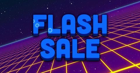 Retro futuristic flash sale banner featuring 3d blue neon typography on grid