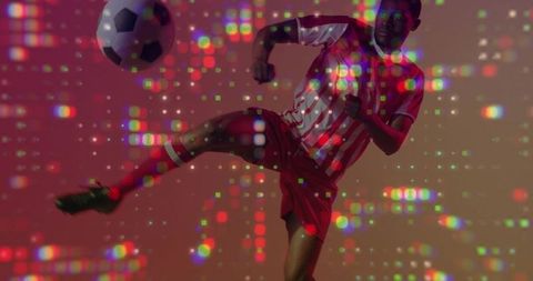 Kicking Soccer Player Doing High Side Kick with Digital Pixel Bokeh, Red Abstract