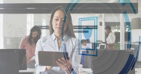 Businesswoman Discussing in High-Tech Office Setting