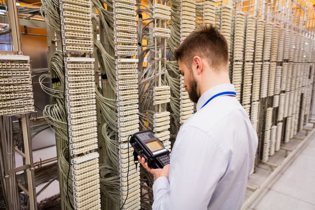 Technician analyzing network cables using digital analyzer. Ideal for themes about network maintenance, data center operations, IT infrastructure, or technology services.