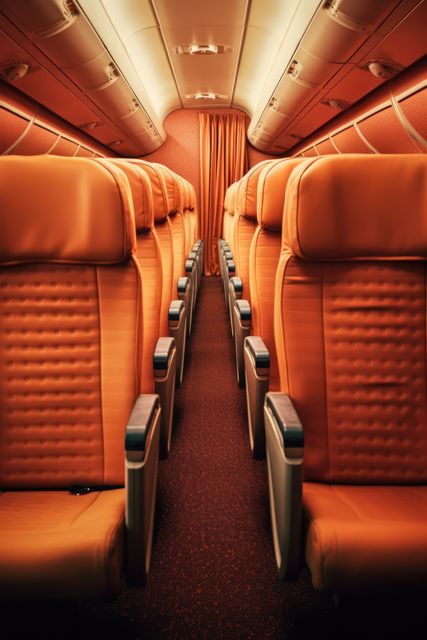 Orange-seated empty airplane cabin showing economy class setting in commercial flight. Ideal for themes on air travel, airlines, aviation industry, passenger comfort, travel safety, commercial airplane interiors; can be used in travel blogs, airline marketing materials, aviation articles or travel agency advertisements.