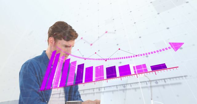 Image of arrow and graphs over focused caucasian man working on laptop. Digital composite, multiple exposure, report, business, growth, direction, abstract and technology concept.