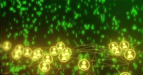 Streaming neon network connecting user nodes with glowing data glyphs and mesh clusters