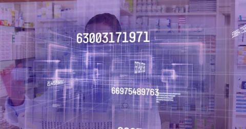 Teen pharmacy trainee standing in lab coat gesturing at futuristic purple hologram