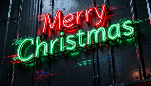 Glowing neon merry christmas lettering casting colored glow on corrugated metal panels