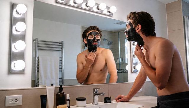 Shirtless man applying charcoal face mask at vanity with hollywood bulb lighting