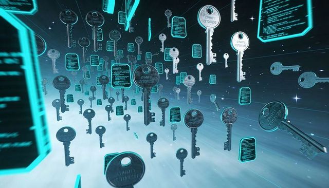 Floating digital keys and holographic code panels representing encryption and cybersecurity