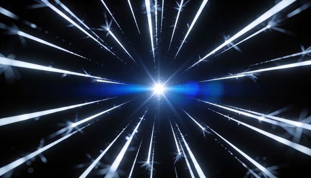 Blue-White Starburst Radiating Light Beams Through Dark Void with Lens Flare and Sparks