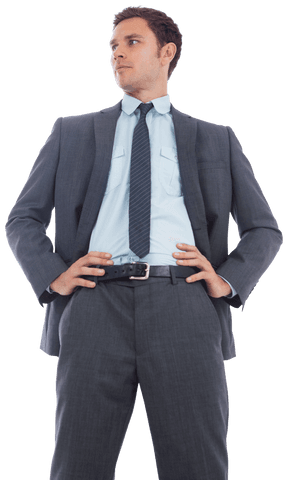 Transparent Confident Businessman Standing with Hands on Hips, Wearing Suit