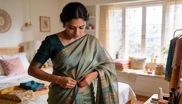 Indian woman fastening green saree at waist in sunlit bedroom, morning dressing ritual