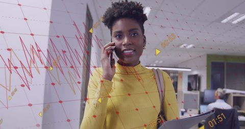 Businesswoman Talking on Phone with Digital Data Overlay