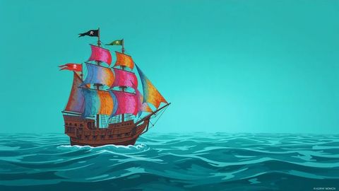 Colorful pirate ship with patchwork sails sailing at sea