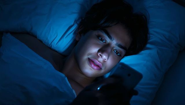 Teenager lying in bed using smartphone at night, blue screen glow, moody portrait