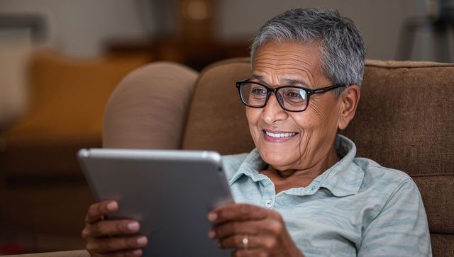 Smiling senior woman holding tablet on couch using technology for communication