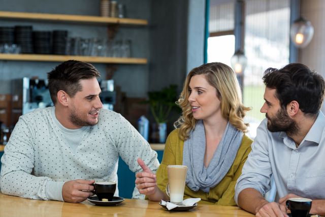 Young adults engaging in a lively conversation while enjoying coffee drinks in a relaxed cafe. Ideal for illustrating concepts of social interaction, friendships, casual meetings, or coffee shop atmospheres. Can be used in advertisements, blogs, social media posts, or articles about coffee culture and socializing.